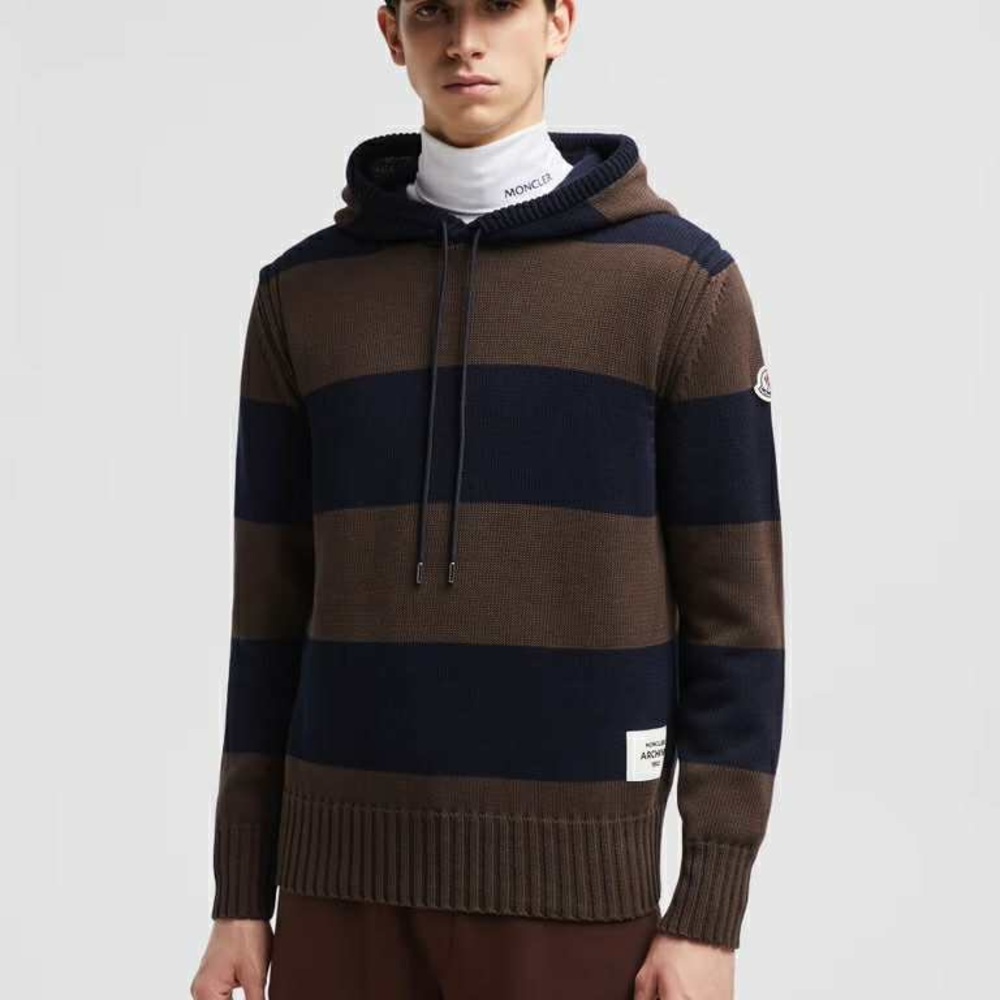 Moncler Men’s Striped Knit Hooded Sweater Brown Navy Size L NWT